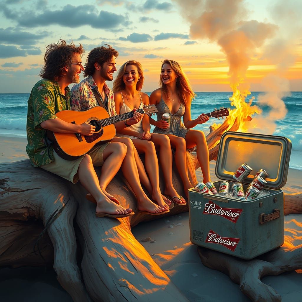 Friends Gather on Driftwood Log at Beach Sunset