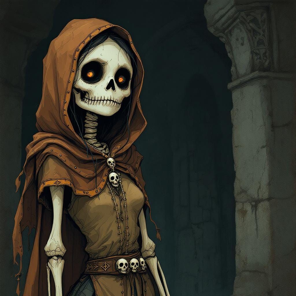Gothic Skeletal Cartoon Girl in Crypt, Burton-esque Style