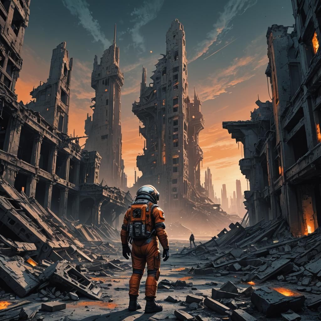 Dystopian Astronaut in Desolate Sci-Fi Cityscape