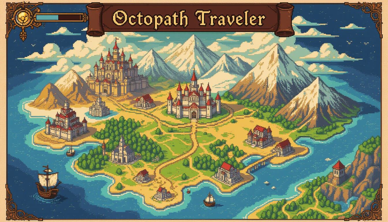 Octopath Traveler Style 2D Fantasy World Map