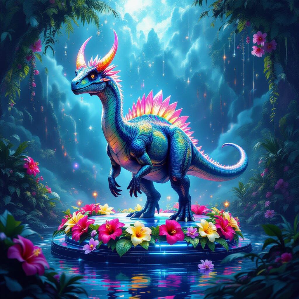 Iridescent Parasaur in Tropical Nebula: Digital Art