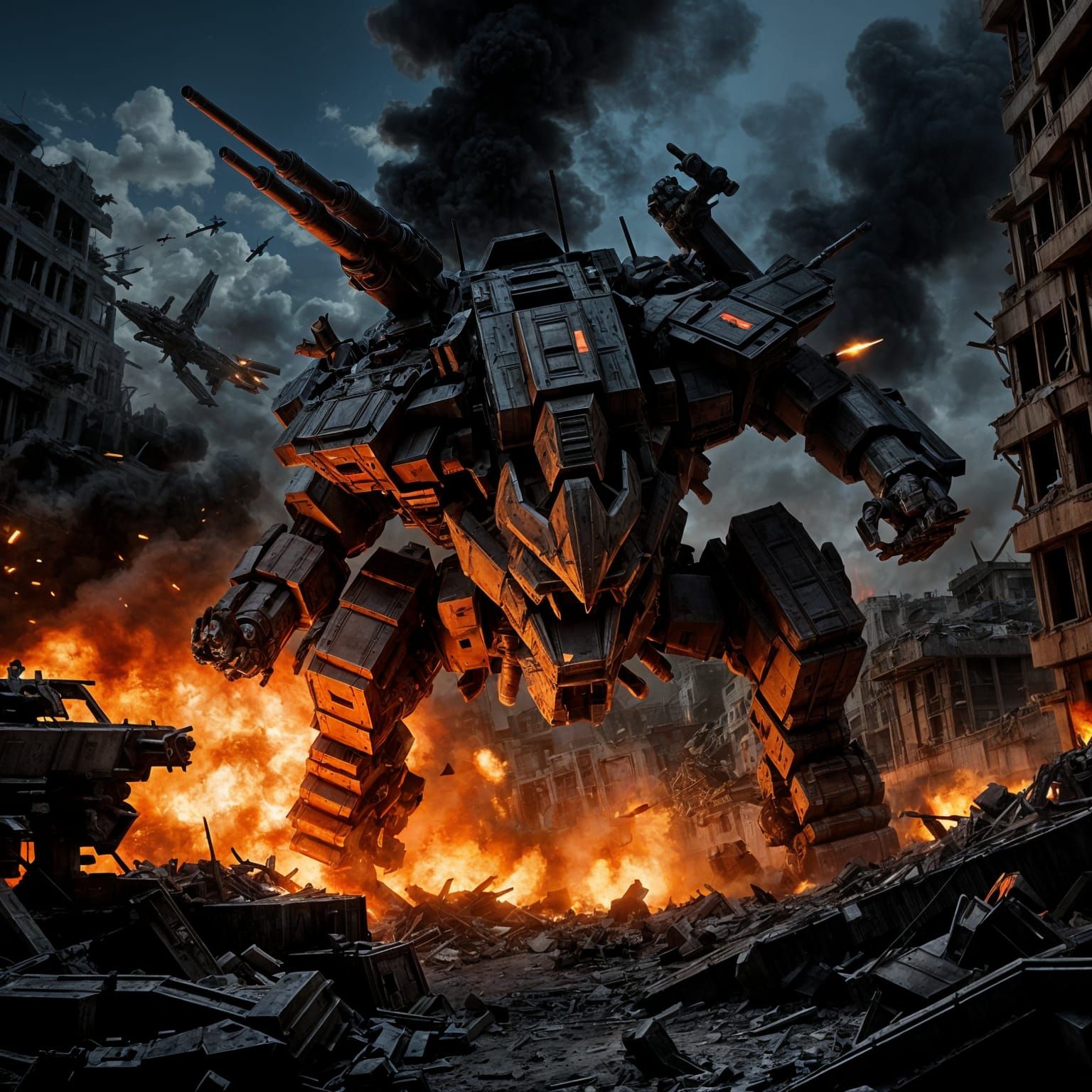 Armored Mechanical Bull Rampage in Ruined City