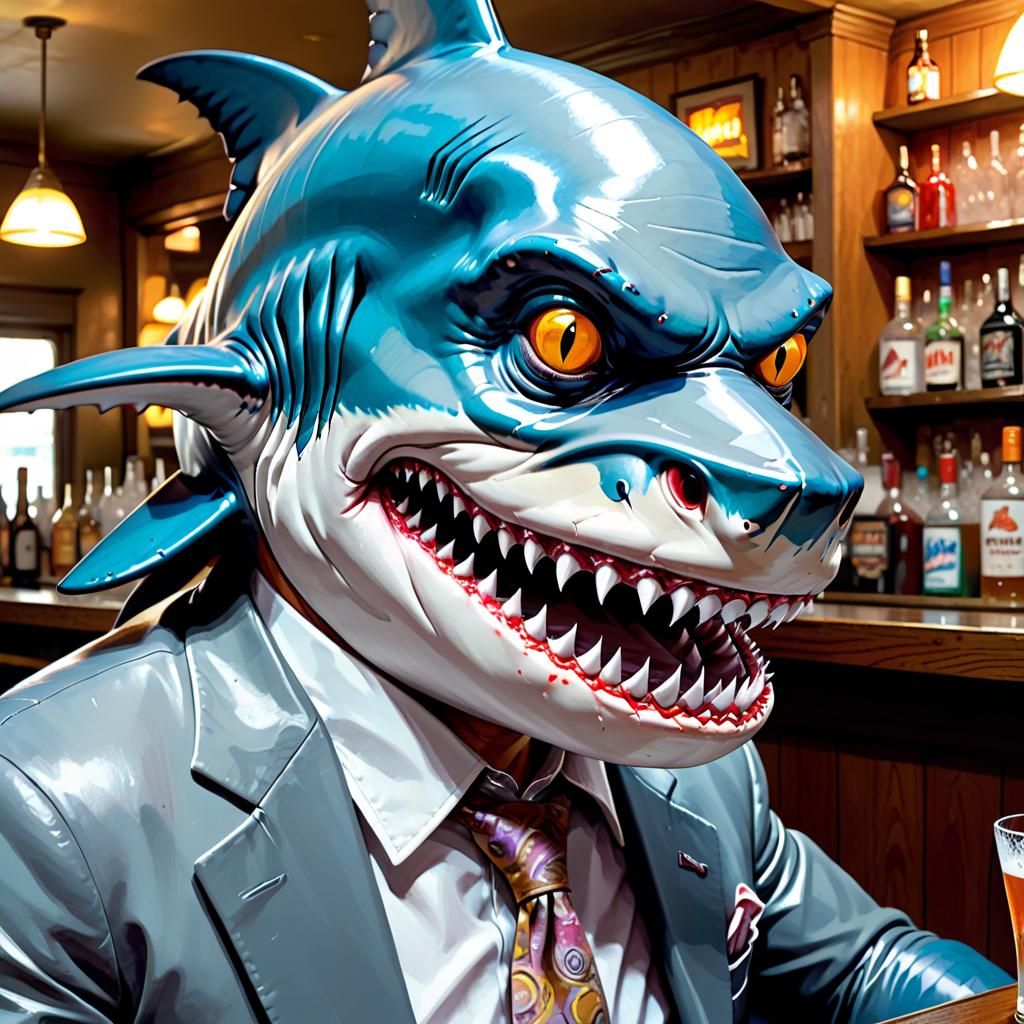 Shark-Headed Gangster in Bar, Gouache Splash Art