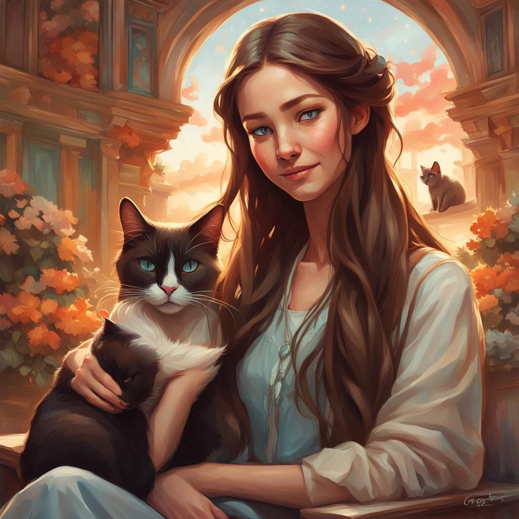 Joyful Girl and Cat in Vibrant Concept Art