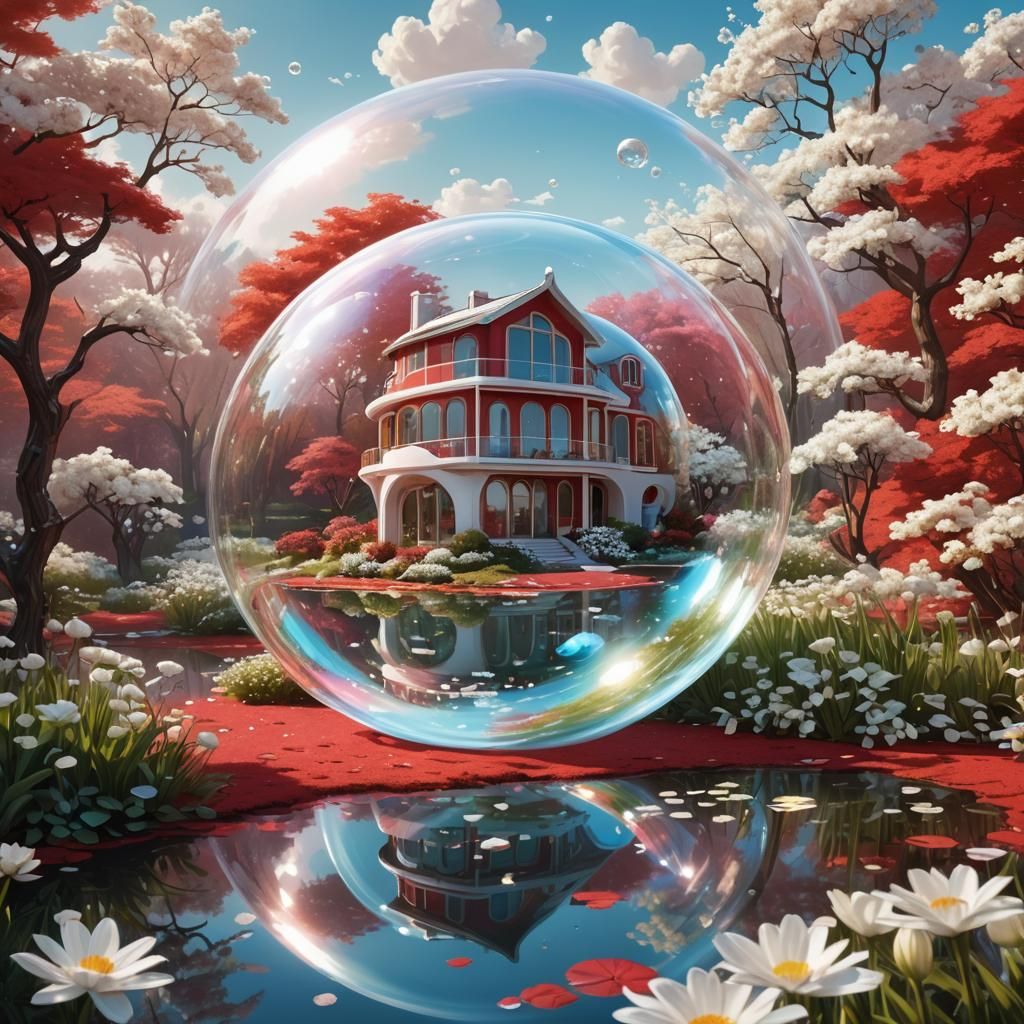 Floating Bubble House Above Red Lake, Surreal Concept Art