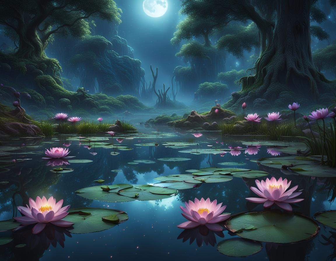Mystical Moonlit Black Lake with Water Lilies