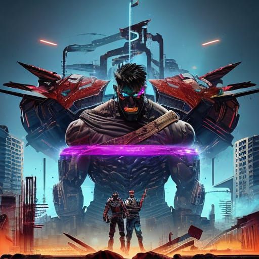 Cybernetic Warrior in Futuristic Cityscape