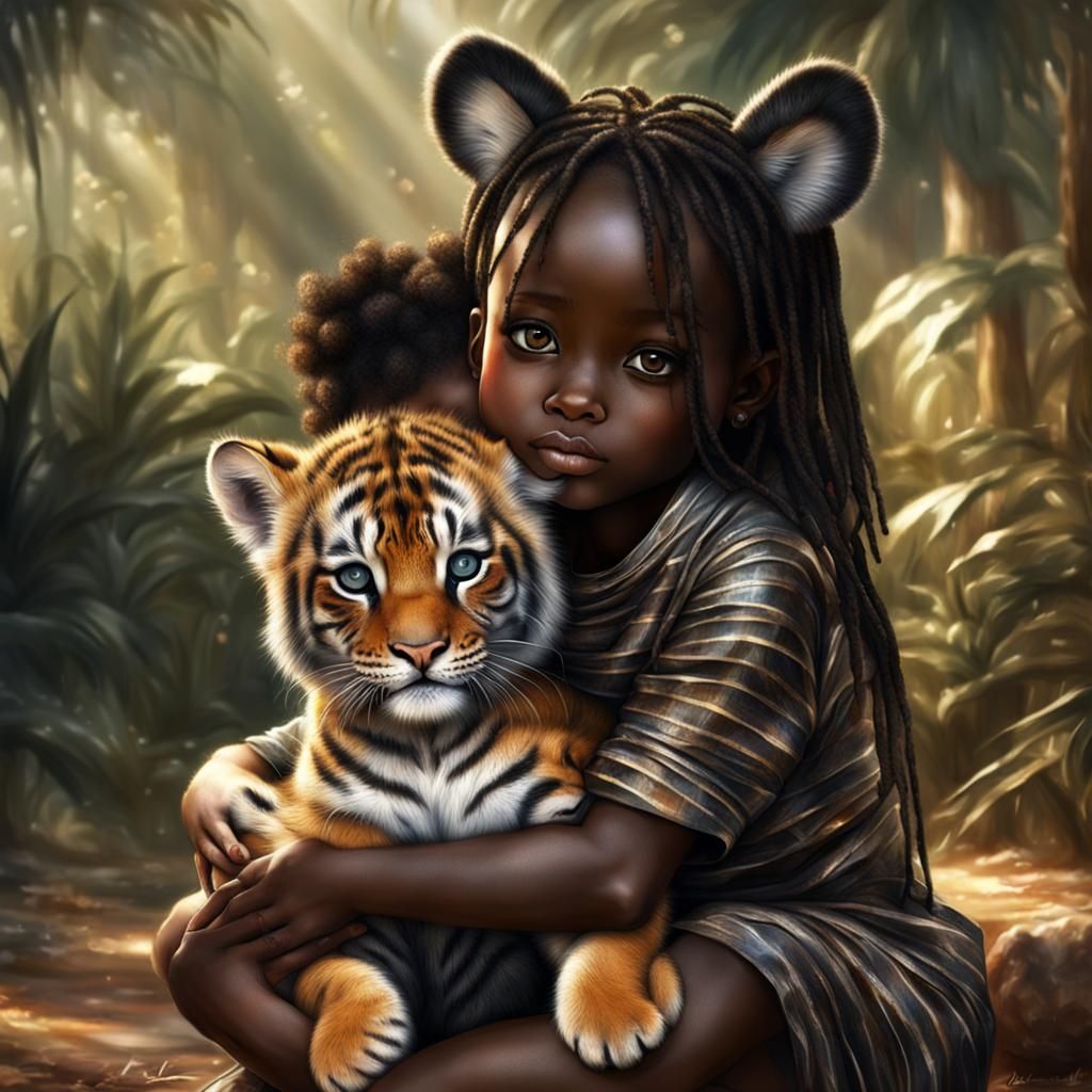 Adorable Baby Tiger Hugged by Girl, Glamour Photo