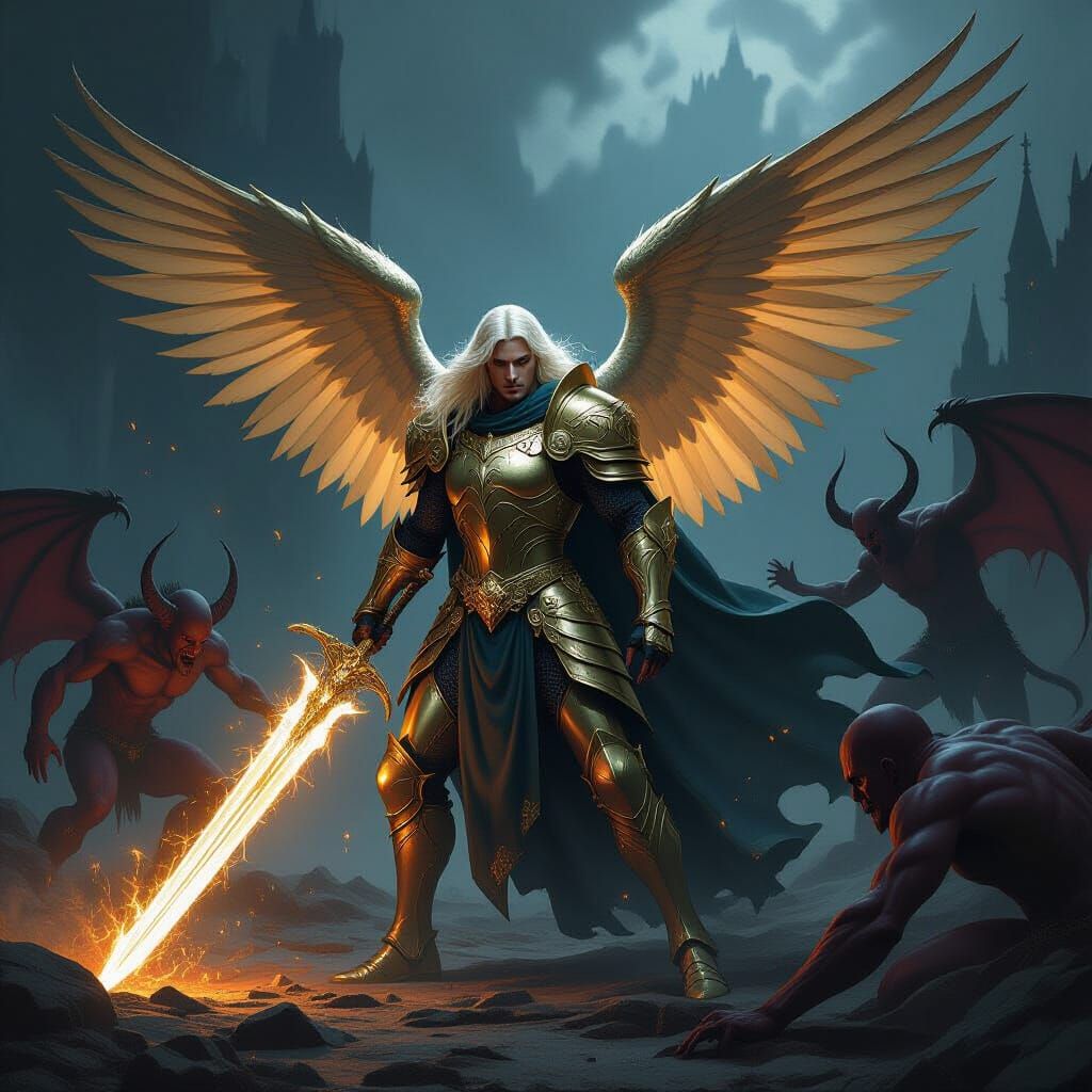 Archangel Michael Battles Demons in Gothic Landscape