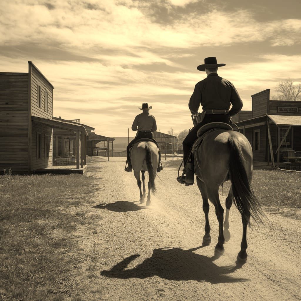 Classic Western Cowboy Approaches a Quaint Old West Town