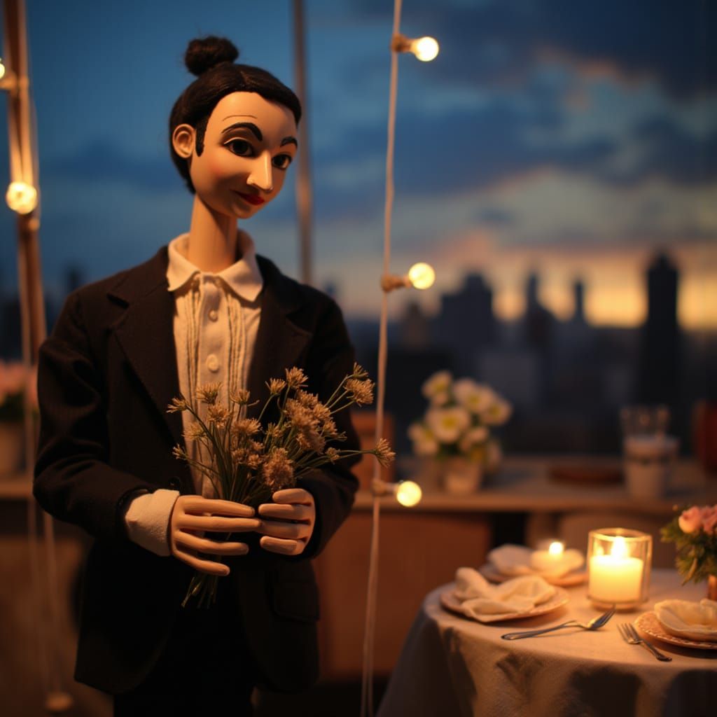 Romantic Rooftop Scene with Expressive Young Man