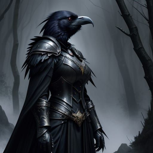Regal Raven in Metallic Armor in Dark Forest