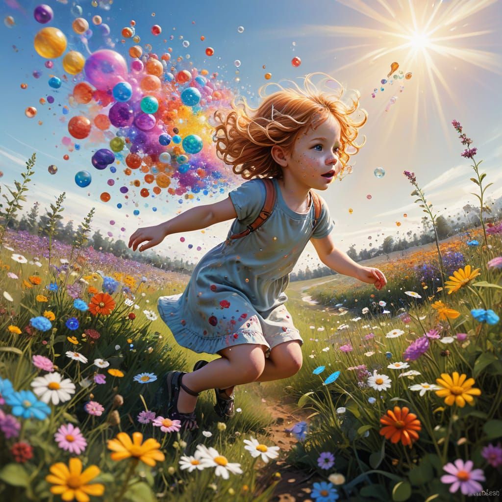 Toddler Girl Chasing Rainbow Bubbles in Wildflower Field