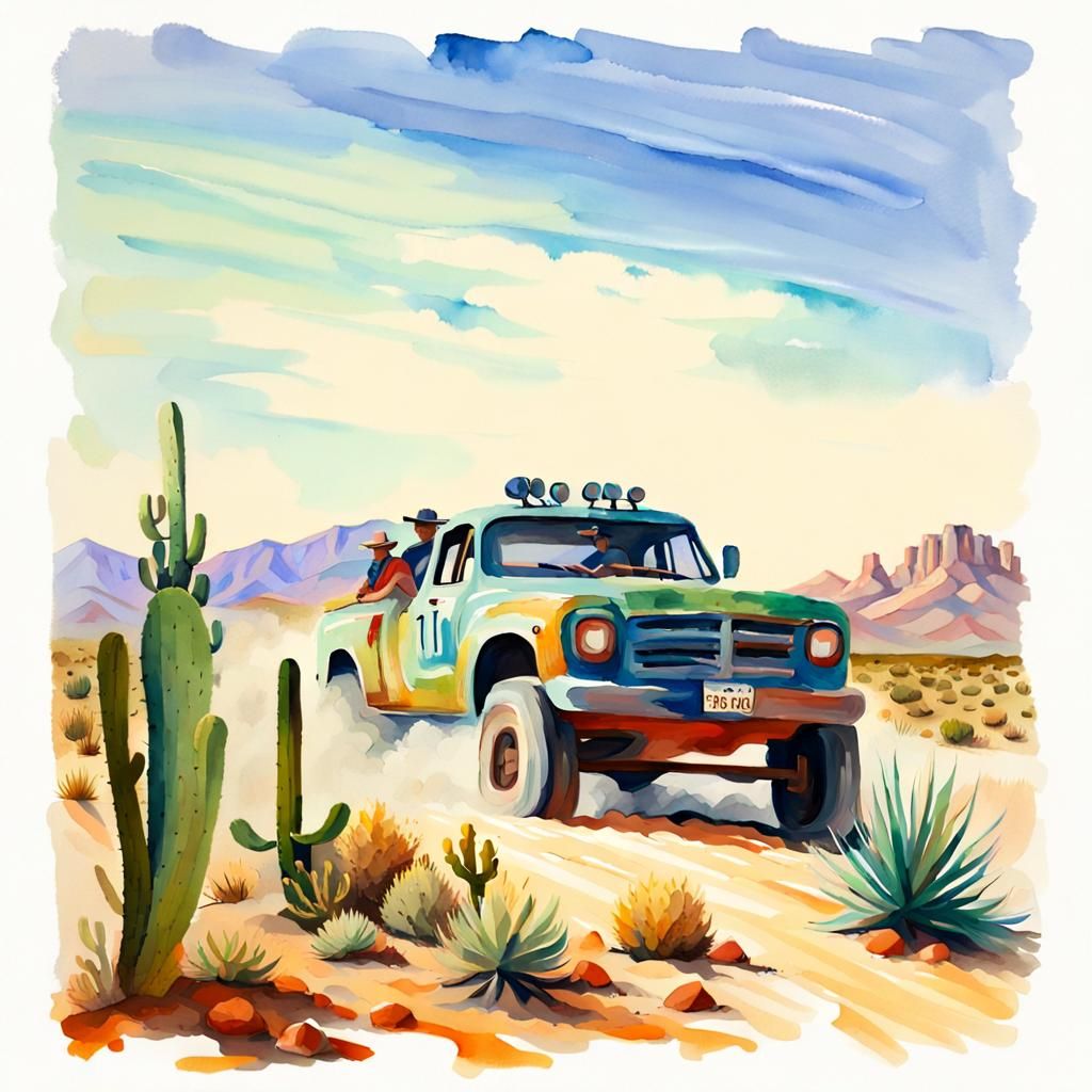 Desert Race in Impressionist Gouache Style