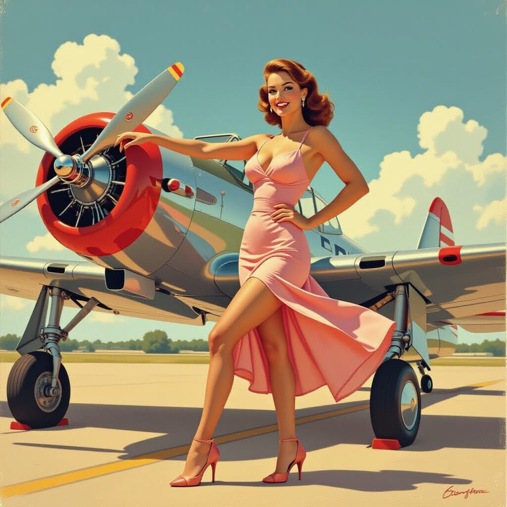Vintage Pinup Woman Posing with Airplane
