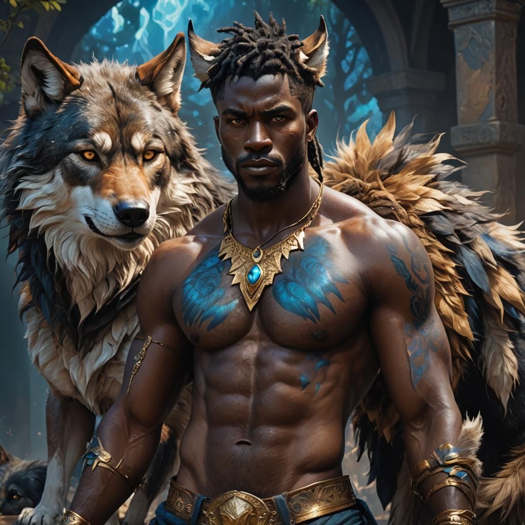 Majestic Black Wolf Human Hybrid in Iridescent Splendor