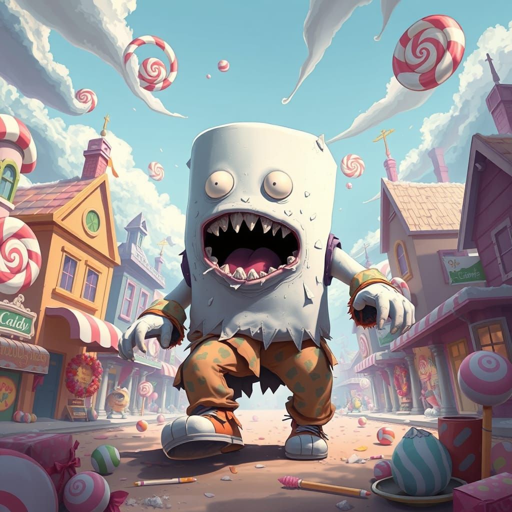 Whimsical Candy Town Rampage in Vibrant Watercolor Style