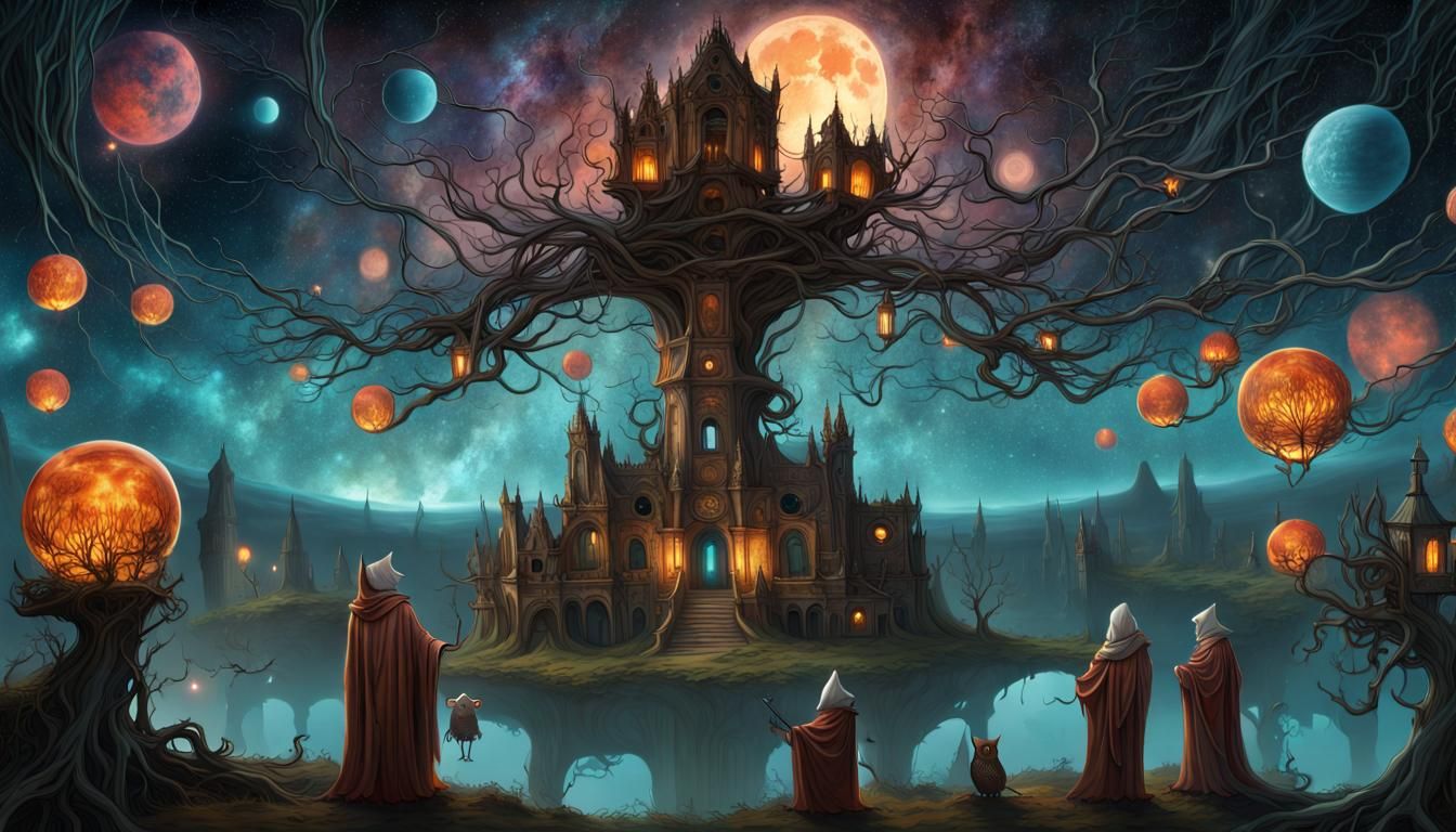 Cosmic Night of Owls: Surreal Fantasy Art