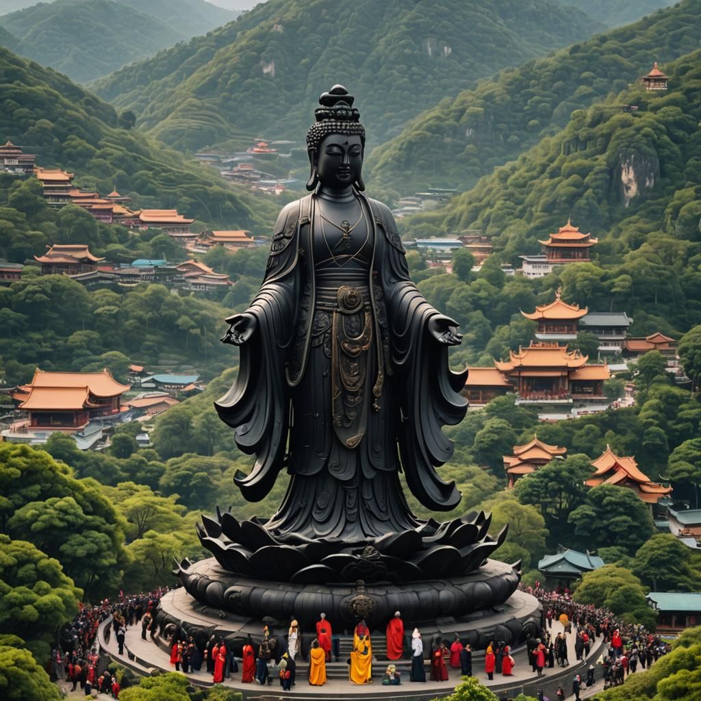Majestic Quan Yin Statue on Mountain Tourist Resort