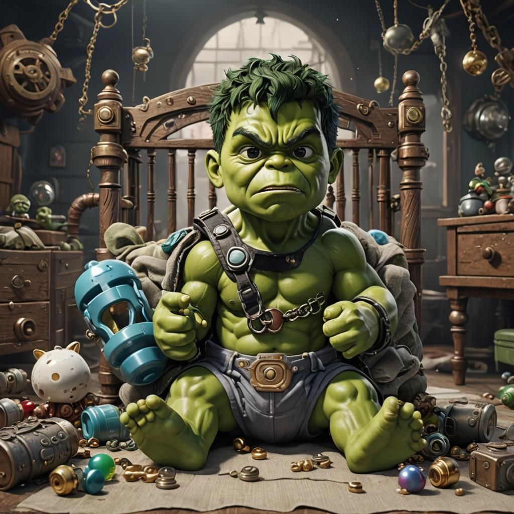Baby Hulk in Steamboat Punk Crib: Detailed Art