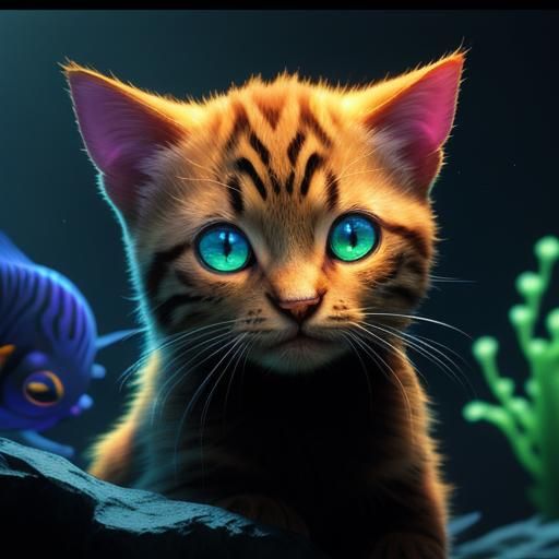 Glowing Kitten Watches Fish: Pixar-Style 3D Render