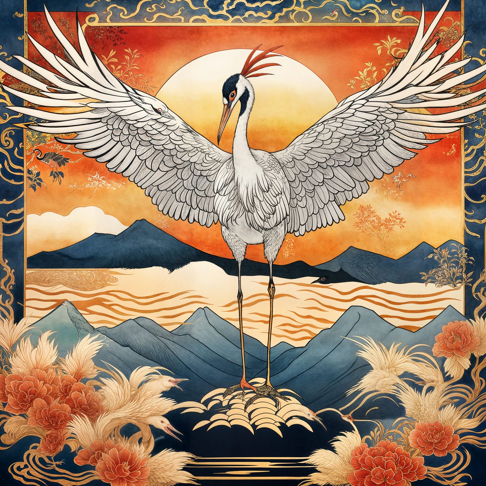 Oriental Crane Crest in Vibrant Ink Painting Style