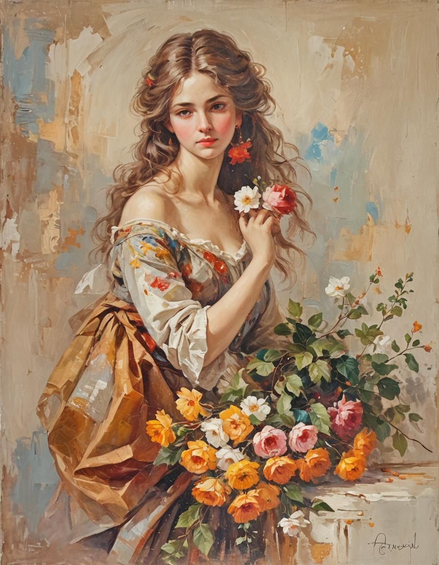 Classical Oil Painting of Lady Surrounded by Flowers