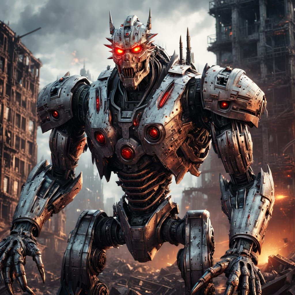 Colossal Robot Monster in Ruined City, Sci-Fi Art