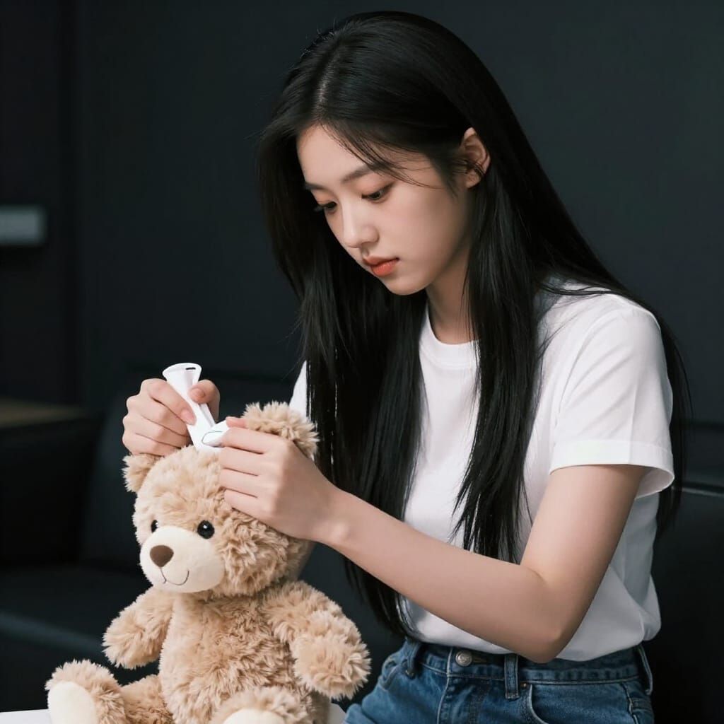 Young Woman Squeezing Plush Toy in Hyperrealistic Photo