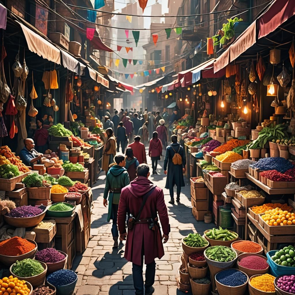 Superheroes Shop Exotic Ingredients in Vibrant Market