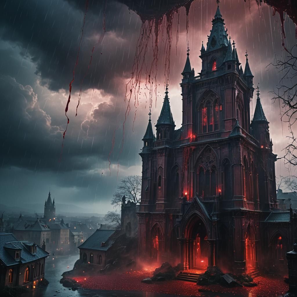 Blood Rain Over Mystical Landscape in Ethereal Style