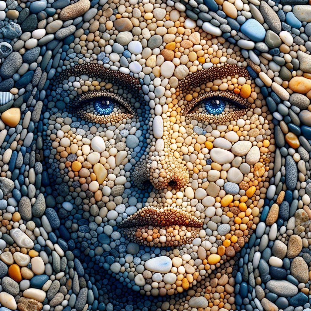 A woman's face created by a mosaic of multicolored beach pebbles.