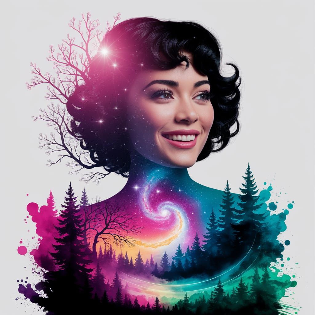 Double Exposure Portrait: Woman Emerging from Watercolor Gal...