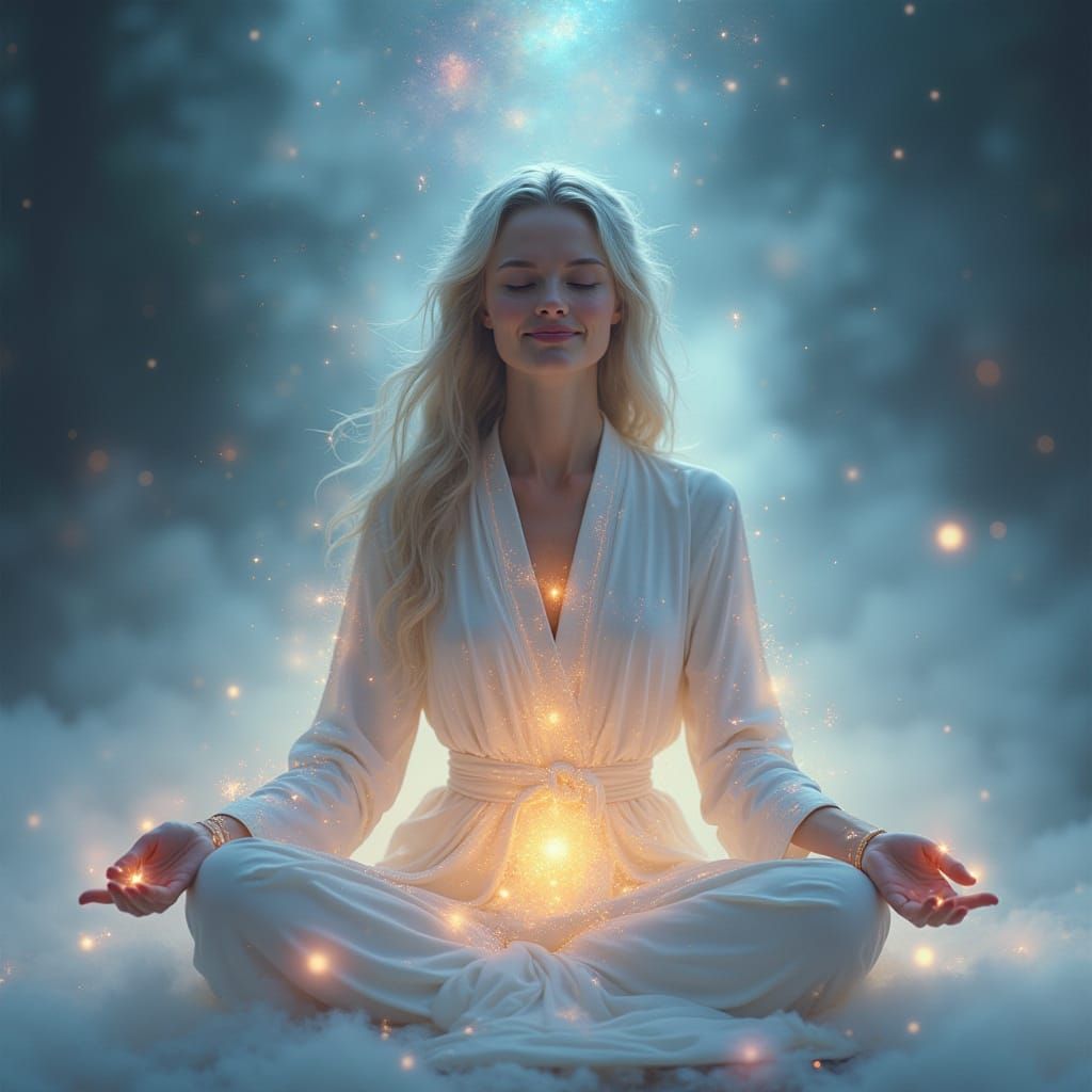 Serenely Connected: A Meditative Goddess in Cosmic Harmony