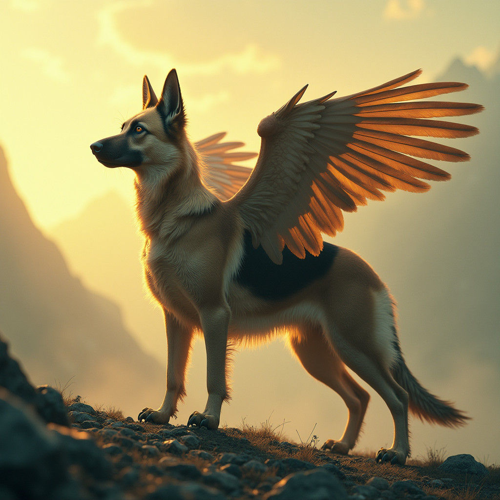 German Shepherd Golden Eagle Hybrid in Beksiński Style