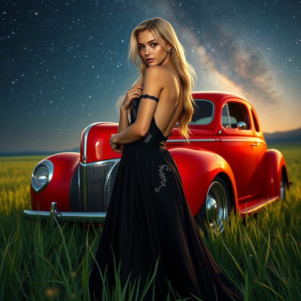 Goddess in Front of Vintage Ford Under Starry Night