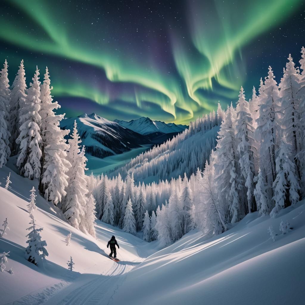 Snowboarder Under Northern Lights in Fantasy Landscape
