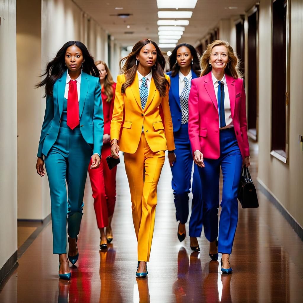 Women in Bright Pantsuits and Ties