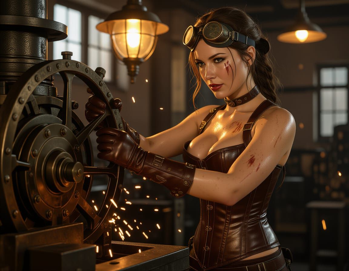 Steampunk Mechanic Woman Repairs Steam Engine in Cinematic S...