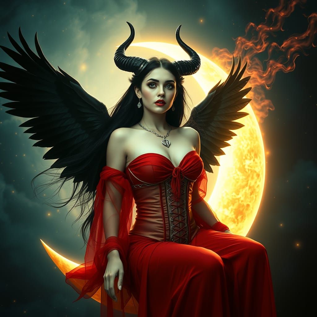 Goddess with Black Wings on Crescent Moon