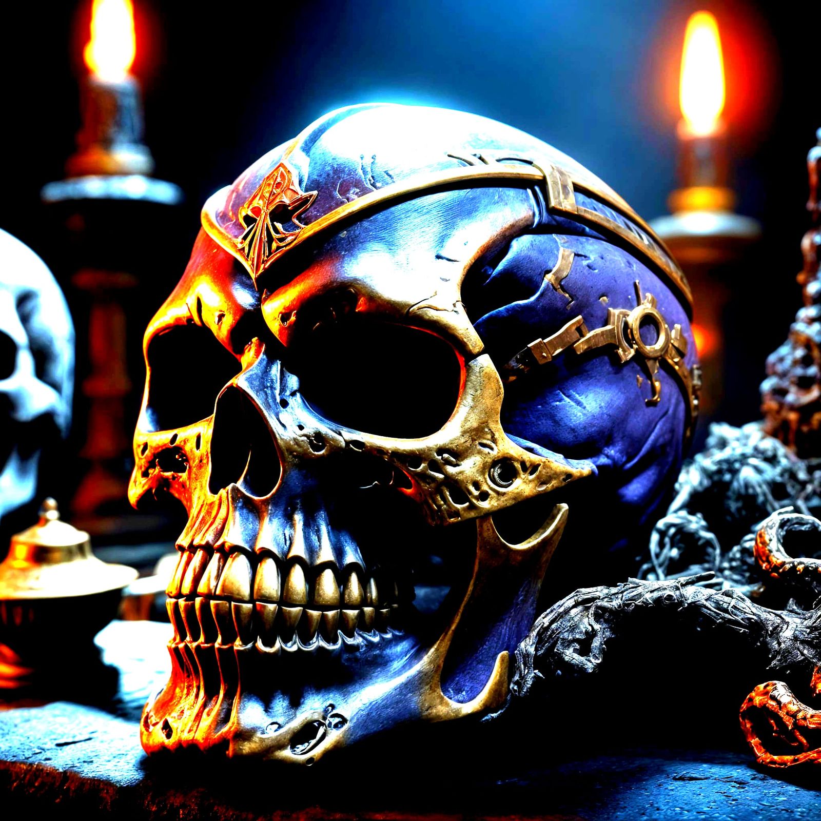 Cursed Skeletor Skull: Dark Bronze and Red 3D Render