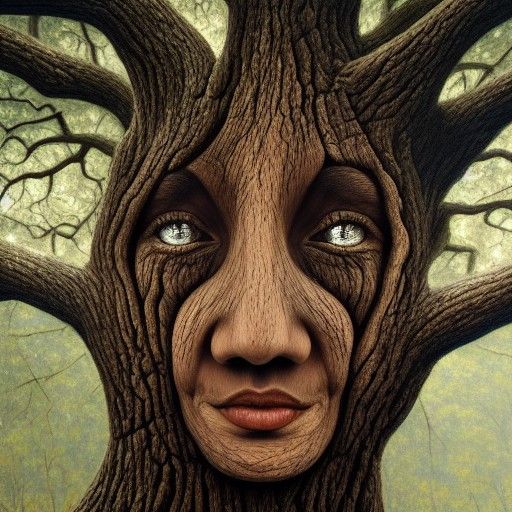 Talking Tree Woman: Hyperrealistic Oil Painting