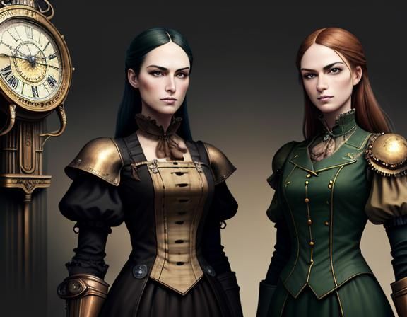 Steampunk Twins in Time Machine: Dark Fantasy Concept Art