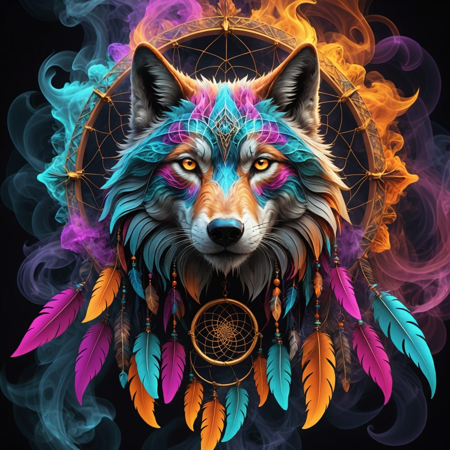 Fractal Wolf Dreamcatcher in Multicolored Smoke