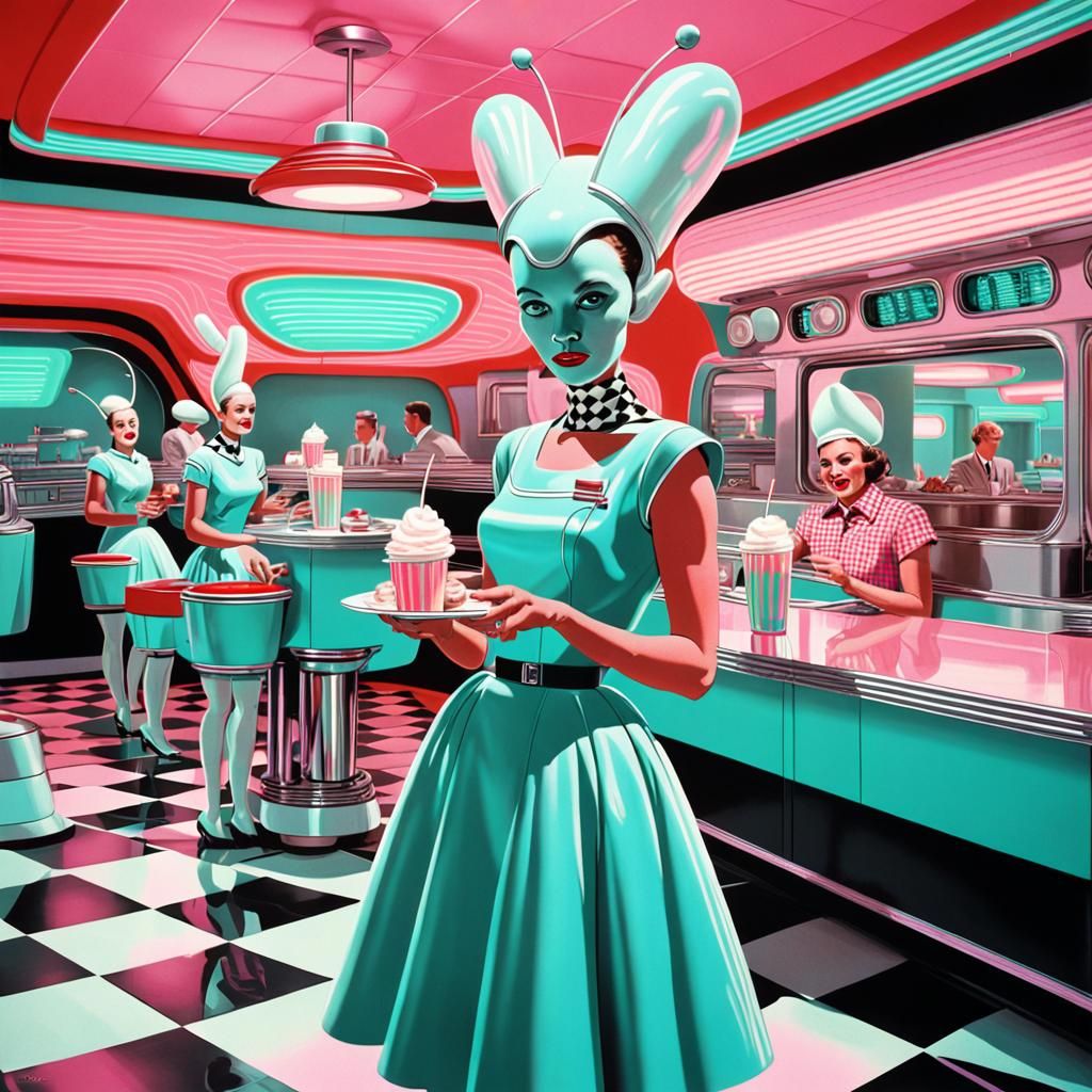 Retro-Futuristic Space Diner with Alien Waitress