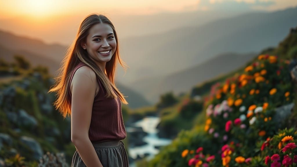 Woman At Sunrise Mountain View with Vibrant Garden