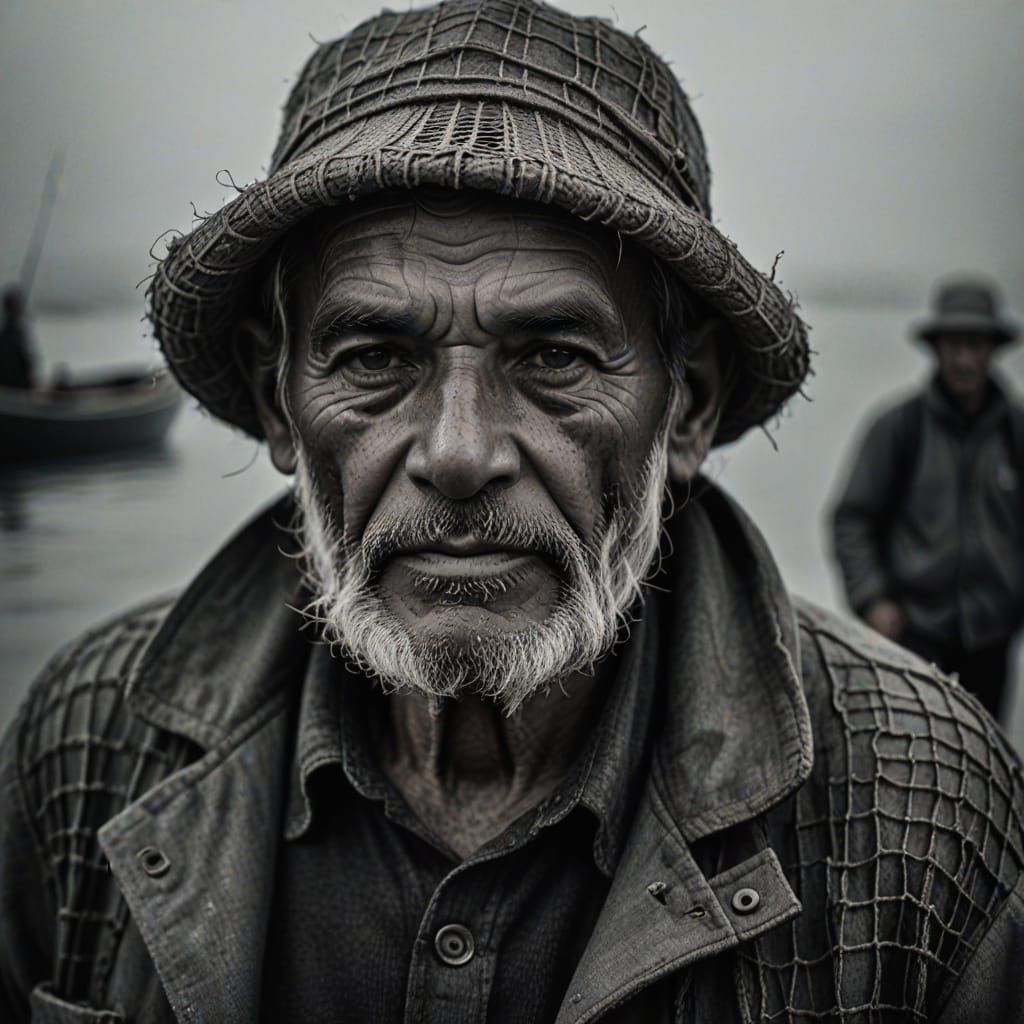 Moody Monochrome Portrait of Old Fisherman in Street Photogr...