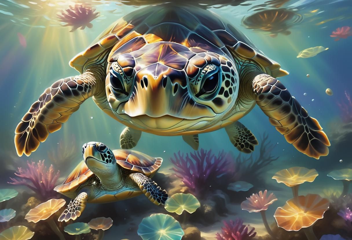 Whimsical Baby Turtle in Dreamy Digital Painting
