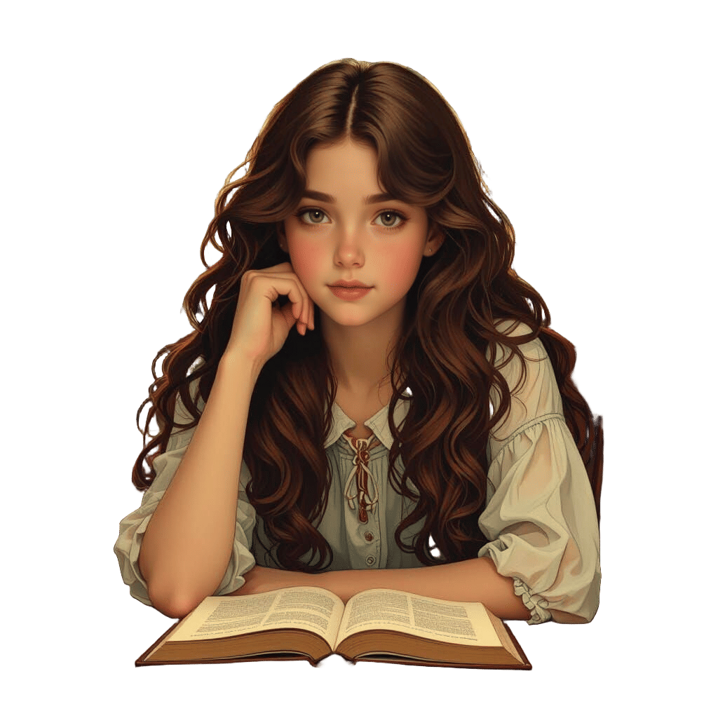 Girl with Brown Hair Reading at a Table