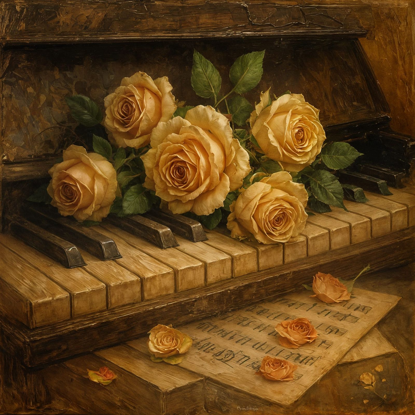 Roses on Piano Keys: A Vintage Oil Painting